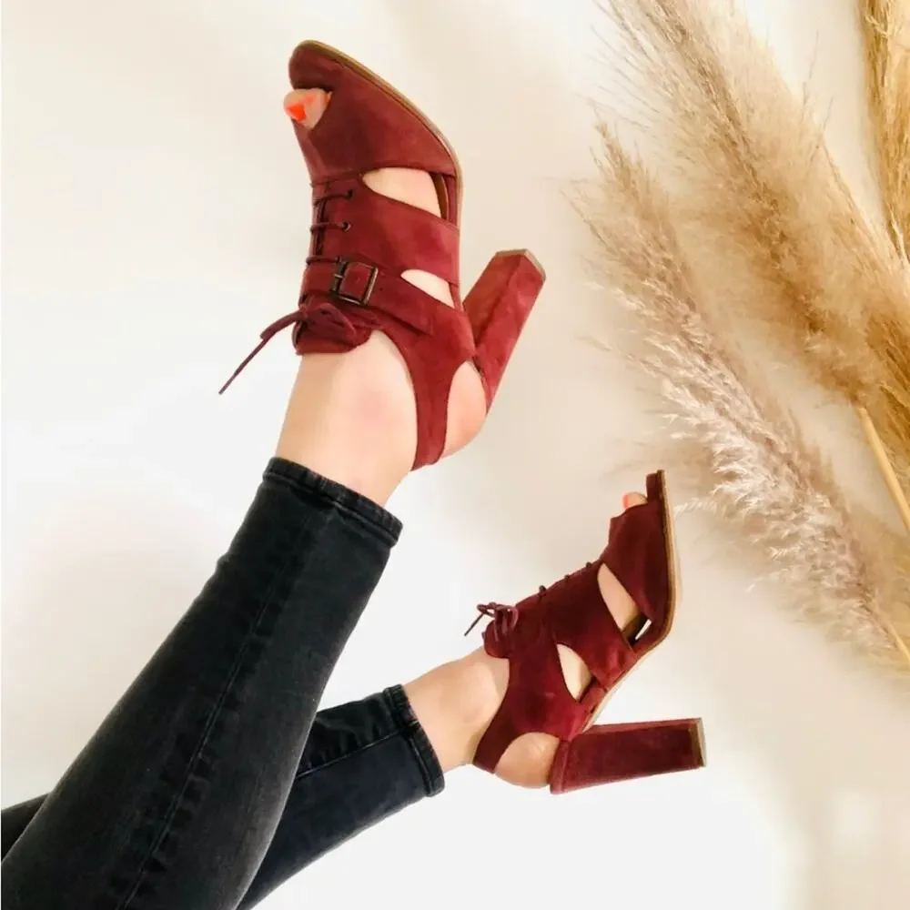 ANTHROPOLOGIE SCHULER SONS Maroon Burgundy Sling Back Lace Block Heels Sandals - Picture 12 of 12